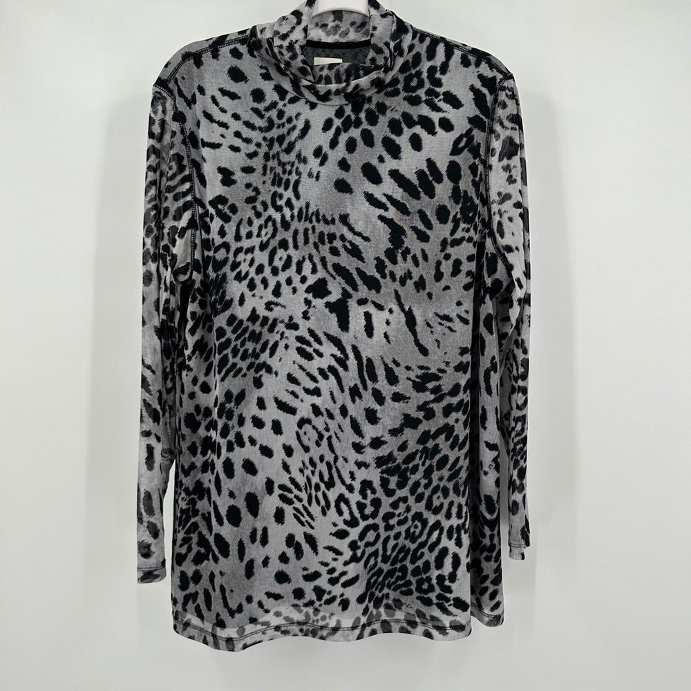 Chicos Womens Mesh Leopard Animal‎ Print Mock Neck Long Sleeve Top Size 3 US XL